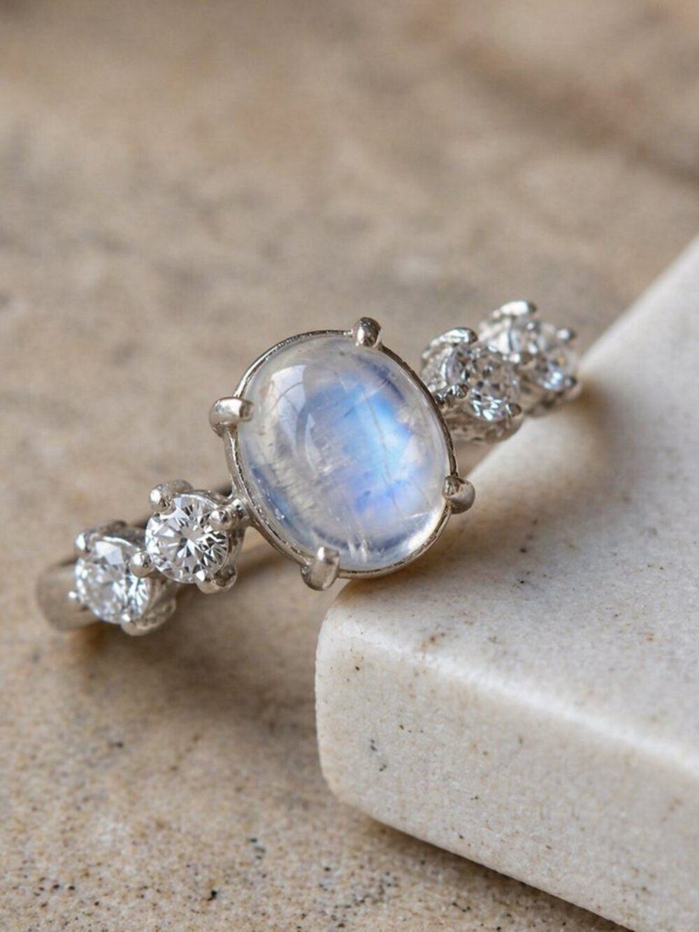 Celestial Dainty 925 Silver Genuine Moonstone CZ Minimalist Ring Size 6